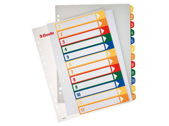 Esselte Plastregister, polypropylen, 12 delar, 1-12, A4+, olika färger, set om 12 blad