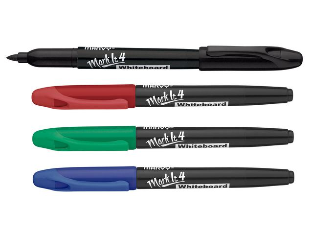 Marvy Whiteboardpenna, MarkIt 4, icke-permanent, alkoholbaserat bläck, 2 mm, mediumspets, svart, röd, blå, grön, fp om 4 set