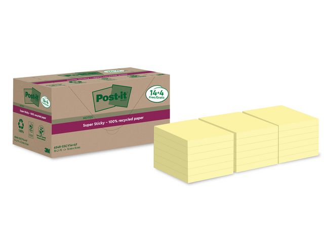 Post-it® Notes Super Sticky 76x76mm Recycled gul, fp om 18 st