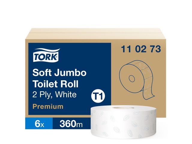 Tork Toalettpapper Jumbo Soft T1, 2-lag, 1 800 ark, präglad, vit, rulle om 360 m