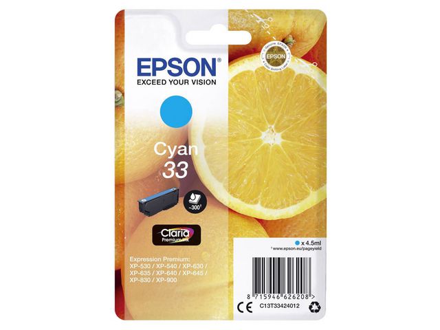 Epson Bläckpatron 33, C13T33424012, Orange, Claria Premium, cyan, singelförpackning, st