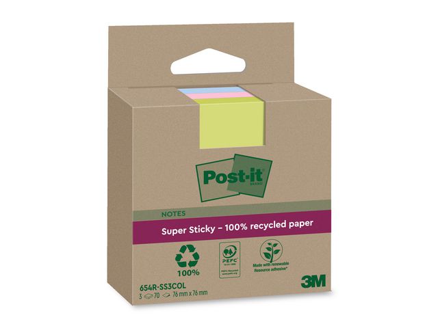Post-it® Notes Super Sticky 76x76mm Recycled sorterade färger, fp om 3 st