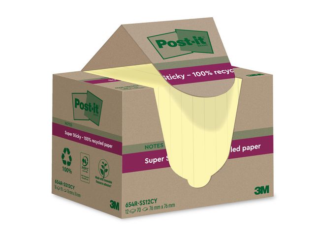 Post-it® Notes Super Sticky 76x76mm Recycled 100% gul, fp om 12 st