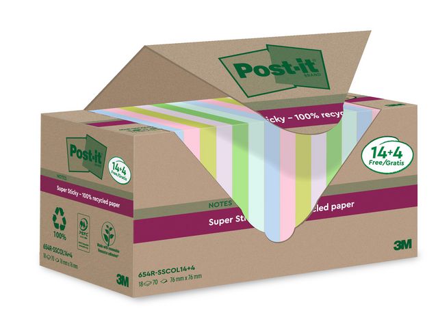 Post-it® Notes Super Sticky 76x76mm Recycled sorterade färger, fp om 18 st