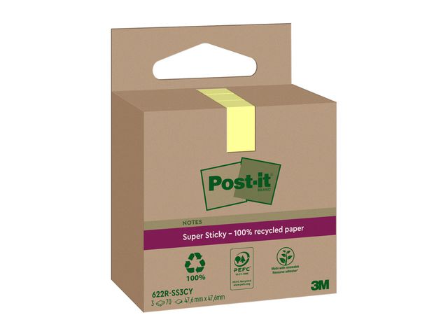 Post-it® Notes Super Sticky 47,6x47,6mm Recycled gul, fp om 3 st