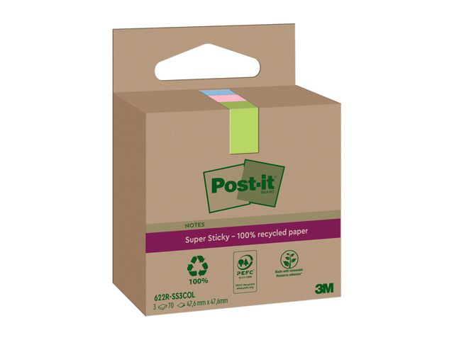 Post-it® Notes Super Sticky 47,6x47,6mm Recycled sorterade färger, fp om 3 st