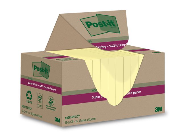 Post-it® Notes Super Sticky 47,6x47,6mm recycled gul, fp om 12 st