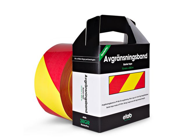 ETAB Avgränsningsband 38GR 75mmx500m gul/röd, rulle om 500 m