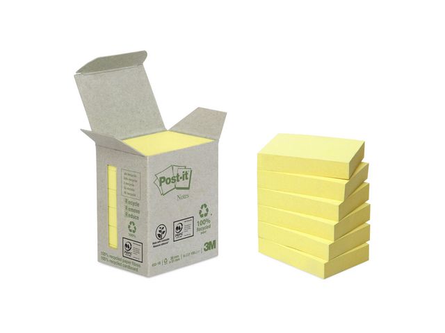 Post-it® Mini Tower-förpackning med återvunna Sticky Notes-notislappar, 38 x 51 mm, gula, 100 ark, fp om 6 block