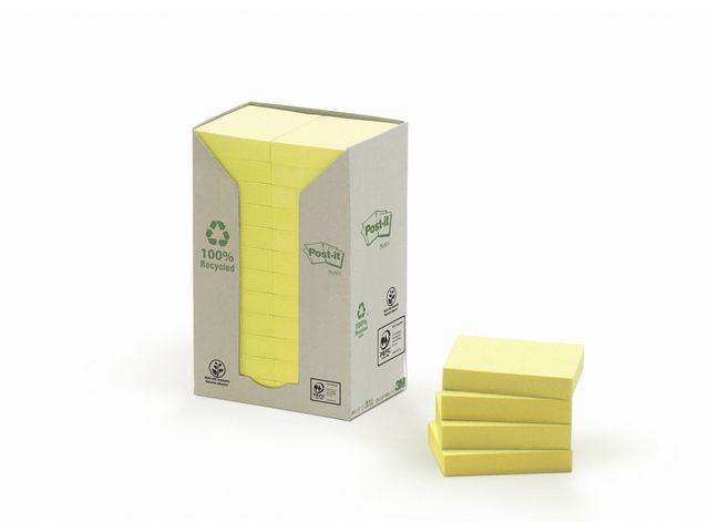 Post-it® Tower-förpackning med återvunna Sticky-notislappar, 38 x 51 mm, gula, 100 ark, fp om 24 block