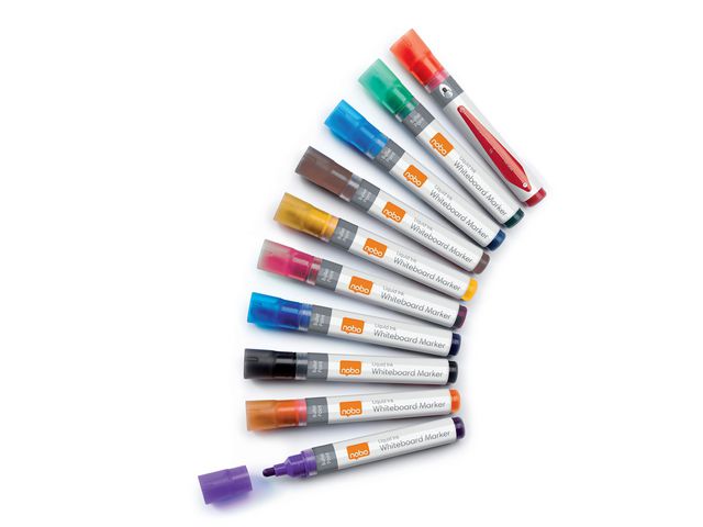 Nobo Whiteboardpenna Liquid rund mixade färger, fp om 10 st
