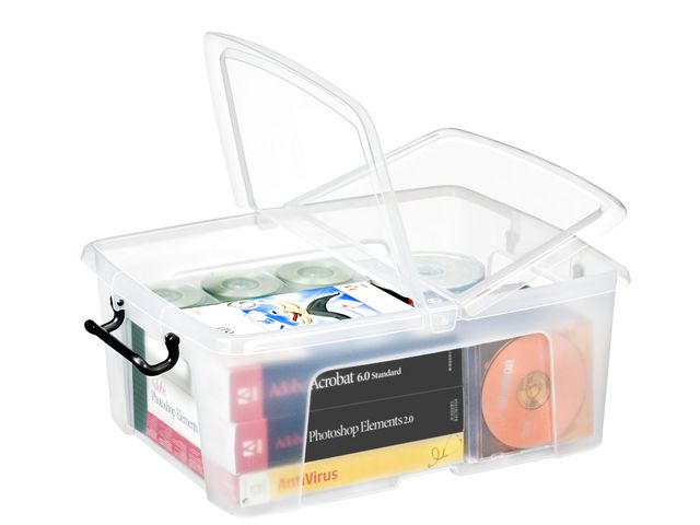 STRATA Strata HW673 smart förvaringslåda med handtagsklämmor och lock som öppnas åt två håll, 24 liter, 395 x 498 x 202 mm, polypropylen, transparent,