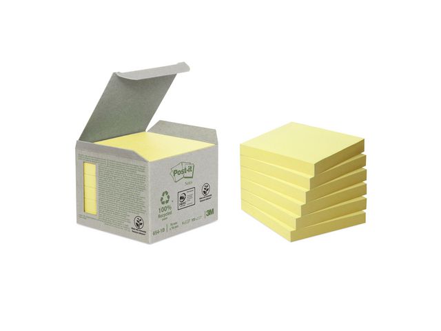 Post-it® Mini Tower-förpackning med återvunna Sticky Notes-notislappar, 76 x 76 mm, gula, 100 ark, fp om 6 block