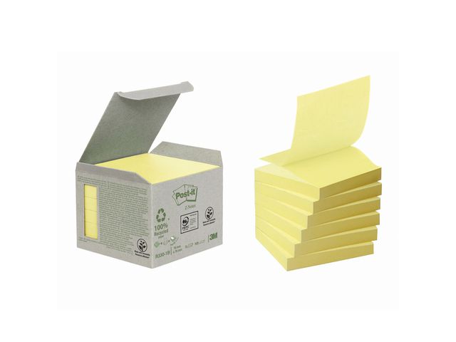 Post-it® Mini Tower-förpackning med återvunna Sticky Z-Notes-notislappar, 76 x 76 mm, gula, 100 ark, fp om 6 block