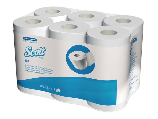Scott® 600-toalettpappersrullar, 2 lager, 600 ark, präglad, 95 mm, vitt, fp om 36 rullar