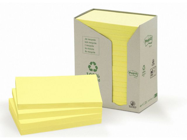 Post-it® Tower-förpackning med återvunna Sticky-notislappar, 76 x 127 mm, gula, 100 ark, fp om 16 block