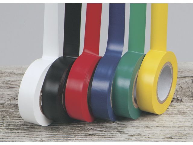 Tejp, PVC-plast, 15 mm x 10 m, olika färger, fp om 6 st