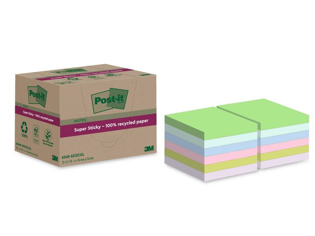 Post-it® Notes Super Sticky 76x76mm Recycled sorterade färger, fp om 12 st