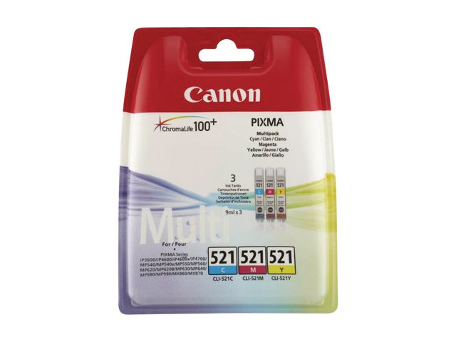 Canon Bläckpatron PIXMA CLI-521, 2934B010, ChromaLife100+-bläck cyan, magenta, gul, multiförpackning, fp om 3 st
