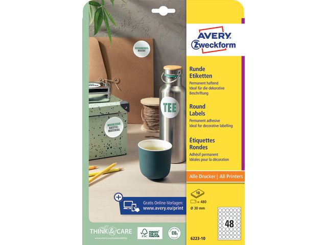 Avery Etikett papper 30mm vit, fp om 480 st
