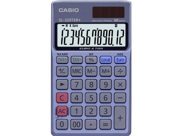 Produktfoto för Lommeregner Casio SL-320-TER+, blå/sort, 12 cifre