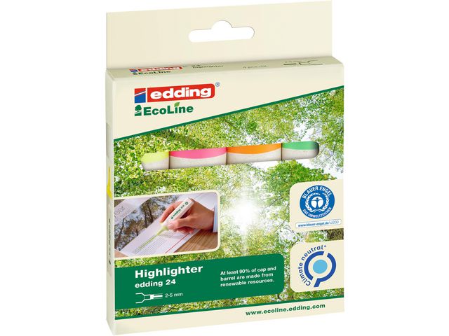 edding Överstrykningspenna, 24 EcoLine, platt pennkropp, mejselformad spets, 2–5 mm linjebredd, olika färger: Gul, orange, rosa, ljusgrön, fp om 4 st