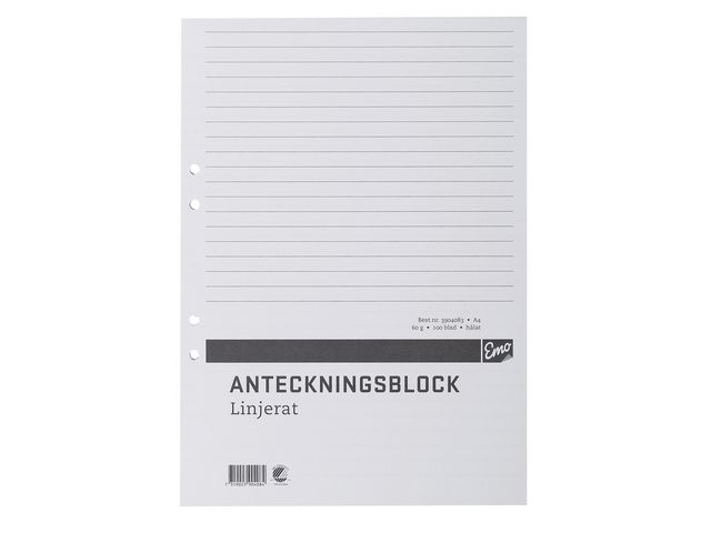 Anteckningsblock A4 100 blad linjerat hålat TräFritt, st