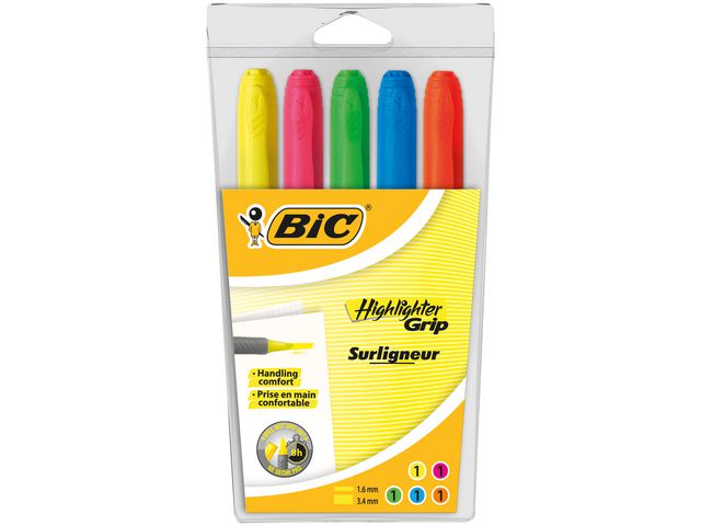 BIC® Överstrykningspenna Brite Liner Grip snedskuren spets, olika färger, 5 per förpackning, fp om 5 st
