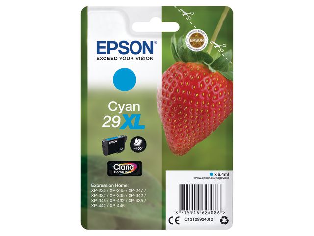 Epson Bläckpatron 29XL, C13T29924012, Strawberry, Claria Home-bläck, cyan, singelförpackning, hög kapacitet, st