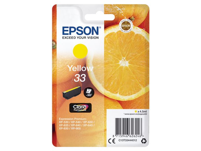 Epson Bläckpatron 33, C13T33444012, Orange, Claria Premium, gul, singelförpackning, st