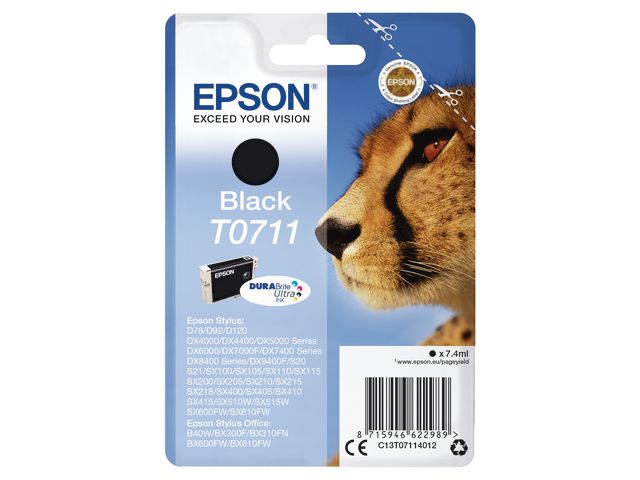 Epson Bläckpatron T0711, C13T07114012, Cheetath, DURABrite Ultra-bläck, svart, singelförpackning, st