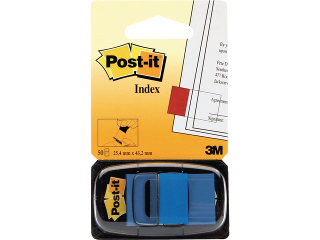 Post-it® Indexflikar, medium, 25,4 x 43,2 mm, blå, 50-pack med hållare, 680-2, fp om 50 st