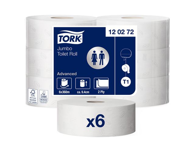 Tork Toalettpapper, Advanced T1, jumborulle, 2-lag, 1 800 stycken, präglad, återvunnet, vit, fp om 6 x 360 m