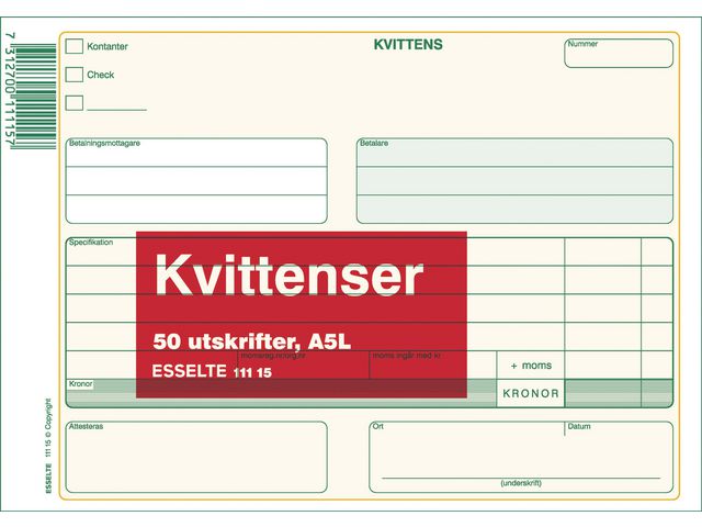Esselte Blankett Kvittens A5L 50 blad, st