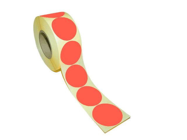 Etikett rund 40mm neonröd, rulle om 500 st