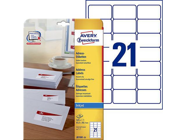 Avery Etikett QuickDry 63,5x38,1 mm, fp om 525 st