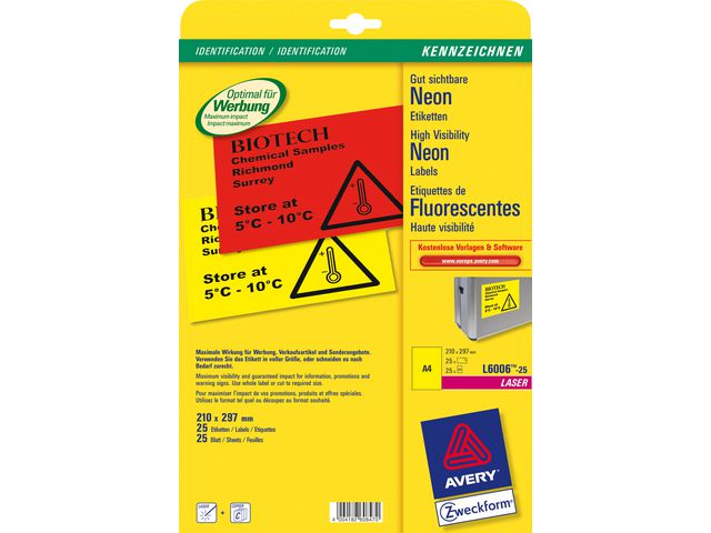 Avery Etikett 210x297mm neongul, fp om 25 st