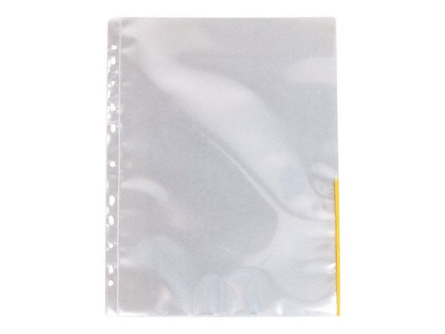 Esselte Plastficka signal, A4, stansad, 105 mikrometer, polypropylen, jämn, 11 hål, genomskinlig med gula remsor, fp om 100 st