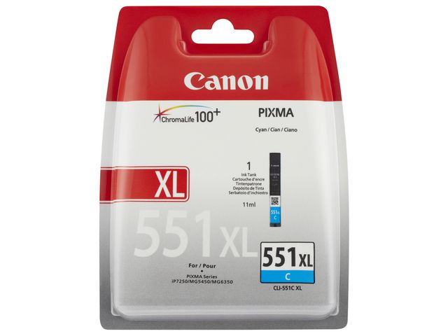 Canon Bläckpatron, PIXMA CLI-551XL C, 6444B001, ChromaLife100+, cyan, singelförpackning, hög kapacitet, st