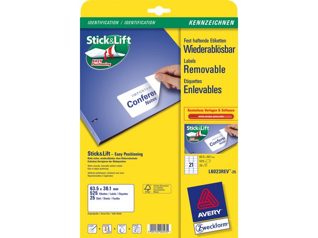 Avery Etikett avtagbar 63,5x38,1mm, fp om 525 st