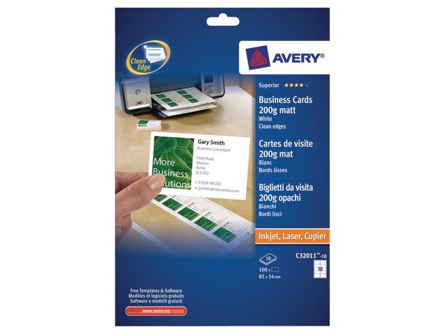 Avery Visitkort matt, 200g, 85x54mm, fp om 100 st