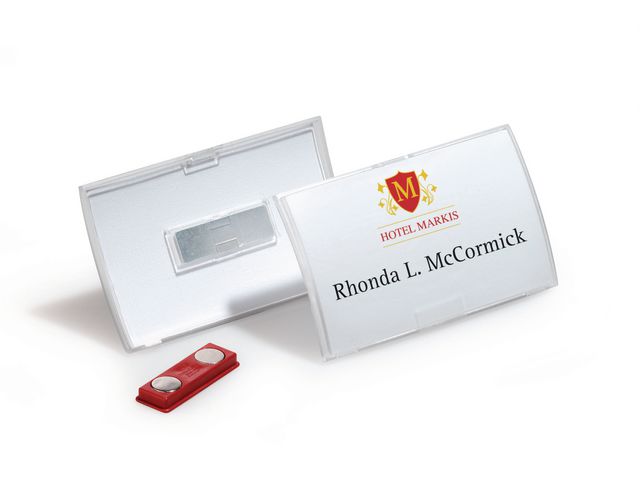 Durable Vikbara namnbrickor med magnet, utbytbar insats, genomskinliga, 54 x 90 mm, fp om 10 st