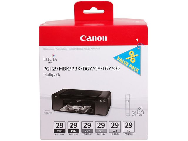 Canon Bläckpatron, PGI-29, mörkgrå, grå, ljusgrå, matt svart, fotosvart, multiförpackning, 4868B018, fp om 6 st