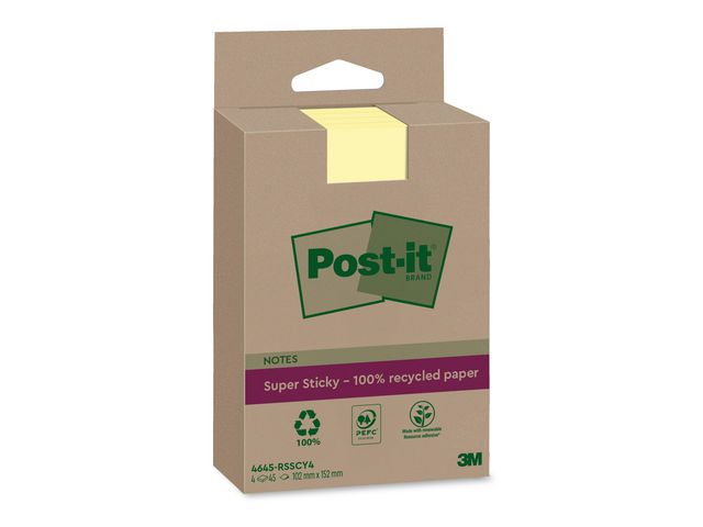 Post-it® Notes POST-IT SS rec linjerad 102x152mm gul 4/fp, fp om 4 st