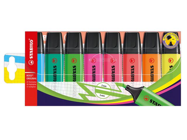 STABILO Överstrykningspenna BOSS Original sorterade fluorescerande färger snedskuren spets 2+5mm 8st/fp i en plastförpackning 70/8, fp om 8 st
