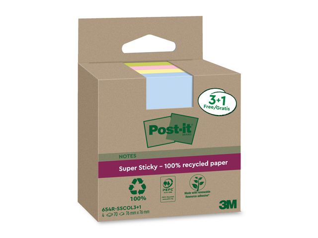 Post-it® Notes Super Sticky 76x76mm Recycled sorterade färger, fp om 4 st