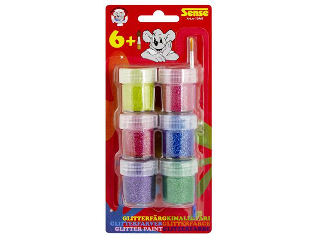 Sense Glitterfärger, 6-pack, pensel, olika färger, fp om 6 st