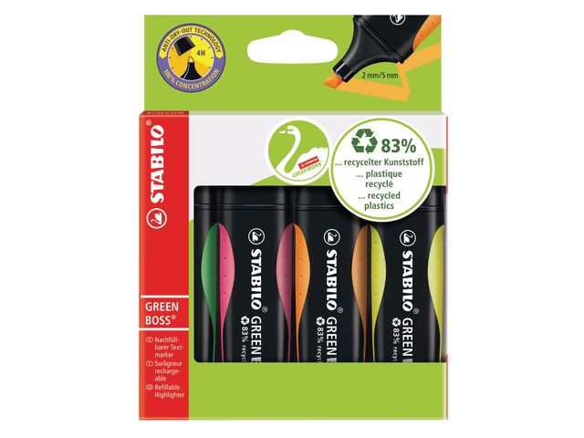 STABILO Överstrykningspenna GREEN BOSS sorterade fluorescerande färger snedskuren spets 2+5mm 6070/4 4st/fp, fp om 4 st