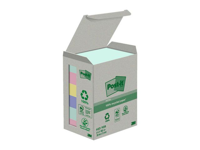 Post-it® Notes 100% recycled 38x51mm sorterade färger, fp om 6 st