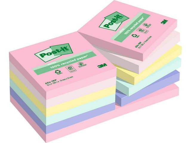 Post-it® Notes 100% recycled 76x76mm sorterade färger, fp om 12 st